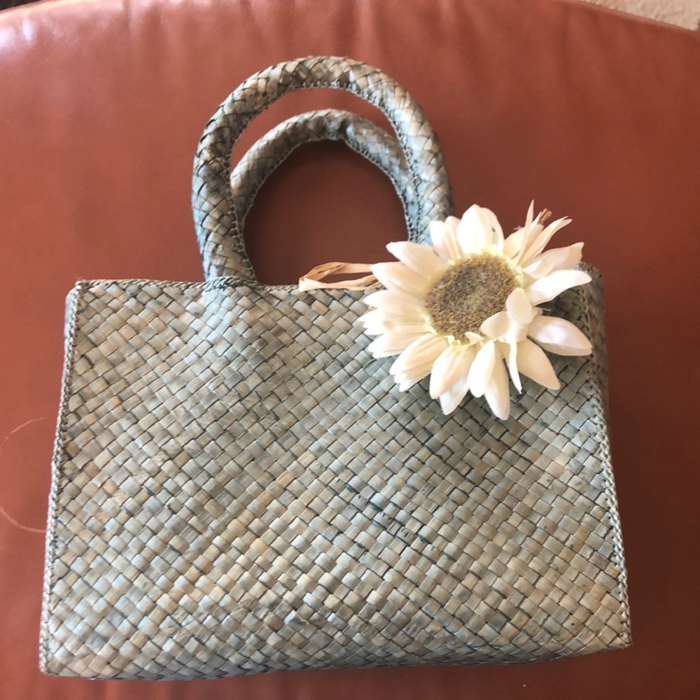 Teal Straw Purse with Beige Sunflower